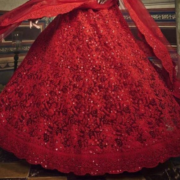 Red net sequin work and dori embroidered lehenga choli with net dupatta - Picture 1 of 3